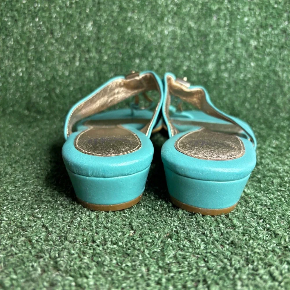 Sofft Leather‎ Hardware Low Wedge Slip On Thong Sandals Turquoise Womens Size 10
